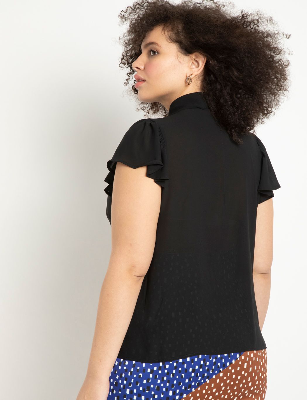 Flutter Sleeve Tie Neck Blouse, BLACK, on-hover image number 1
