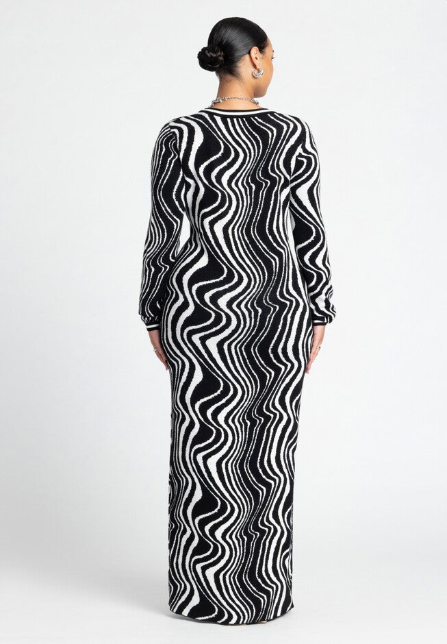 Long Sleeve Keyhole Intarsia Dress, BLURRED ZEBRA, on-hover image number null