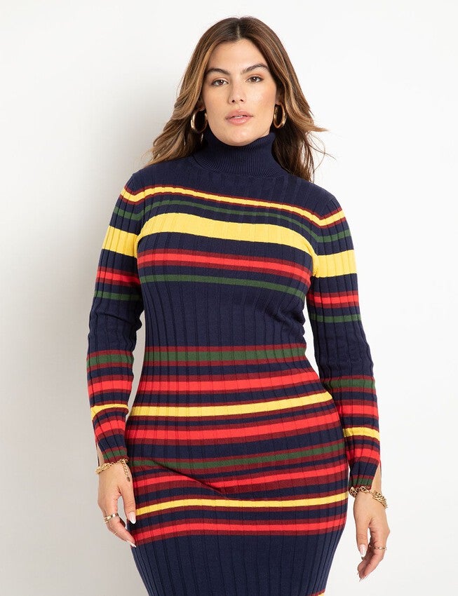 Striped Turtleneck Sweater Dress, OFF CAMPUS, on-hover image number null