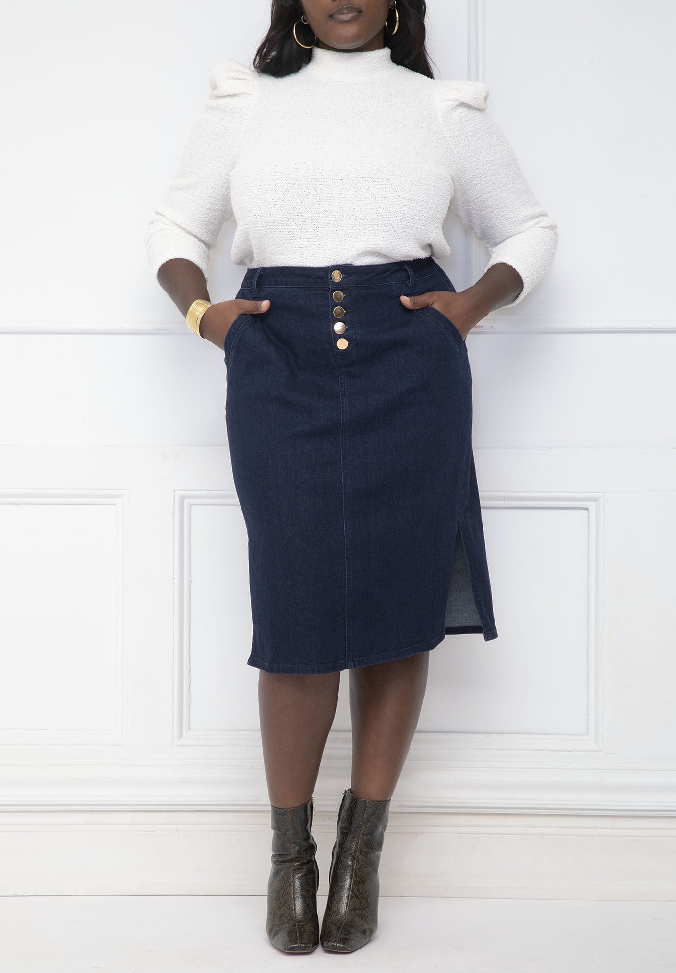 High Rise Denim Skirt with Button Fly Dark Rinse Eloquii