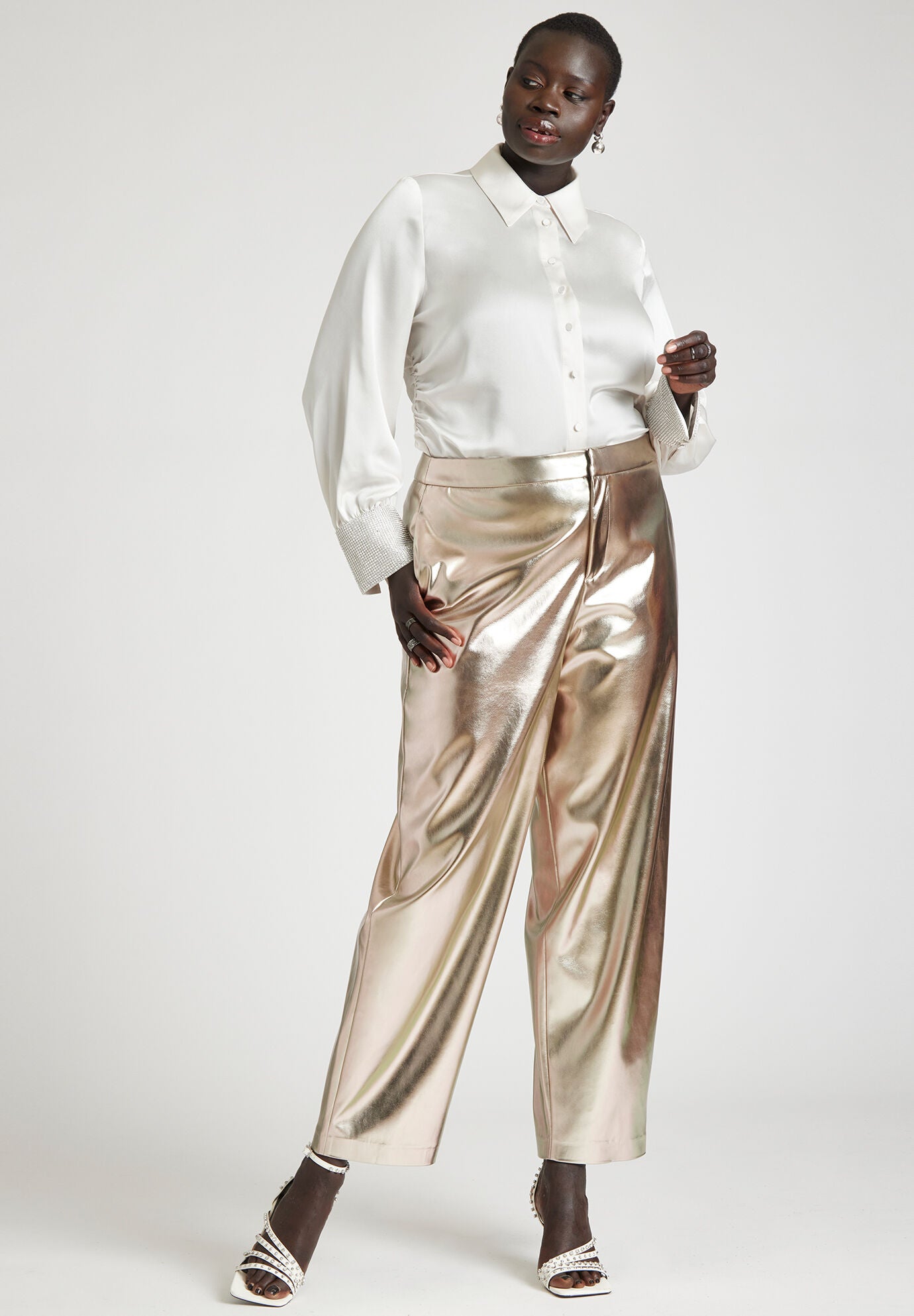 Metallic Faux Leather High Rise Trousers Soft Gold Eloquii