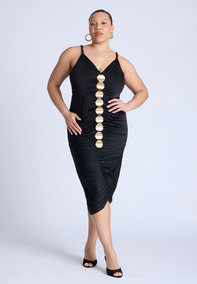 Hardware Shirred Midi Dress, BLACK OYNX, on-hover image number null