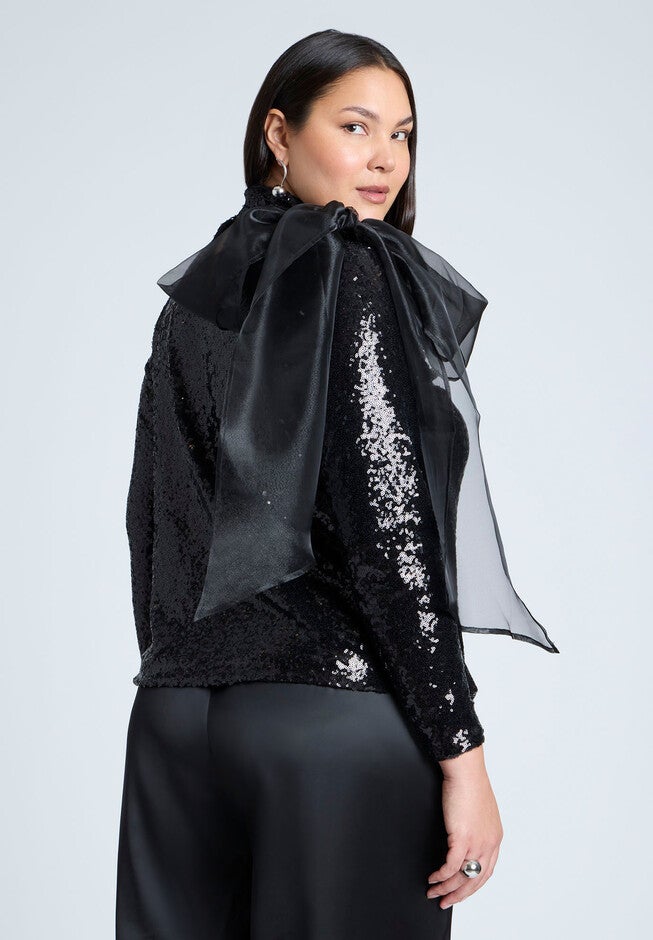 Sequin Mockneck Top With Bow, BLACK ONYX, on-hover image number null