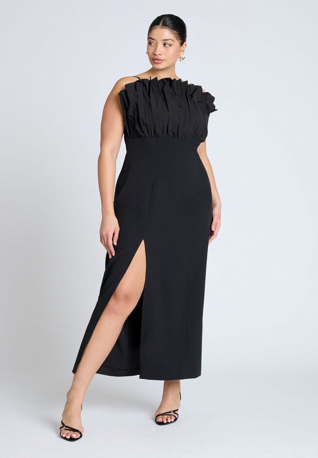 Pleated Fan Ruffle Gown, BLACK ONYX, on-hover image number null
