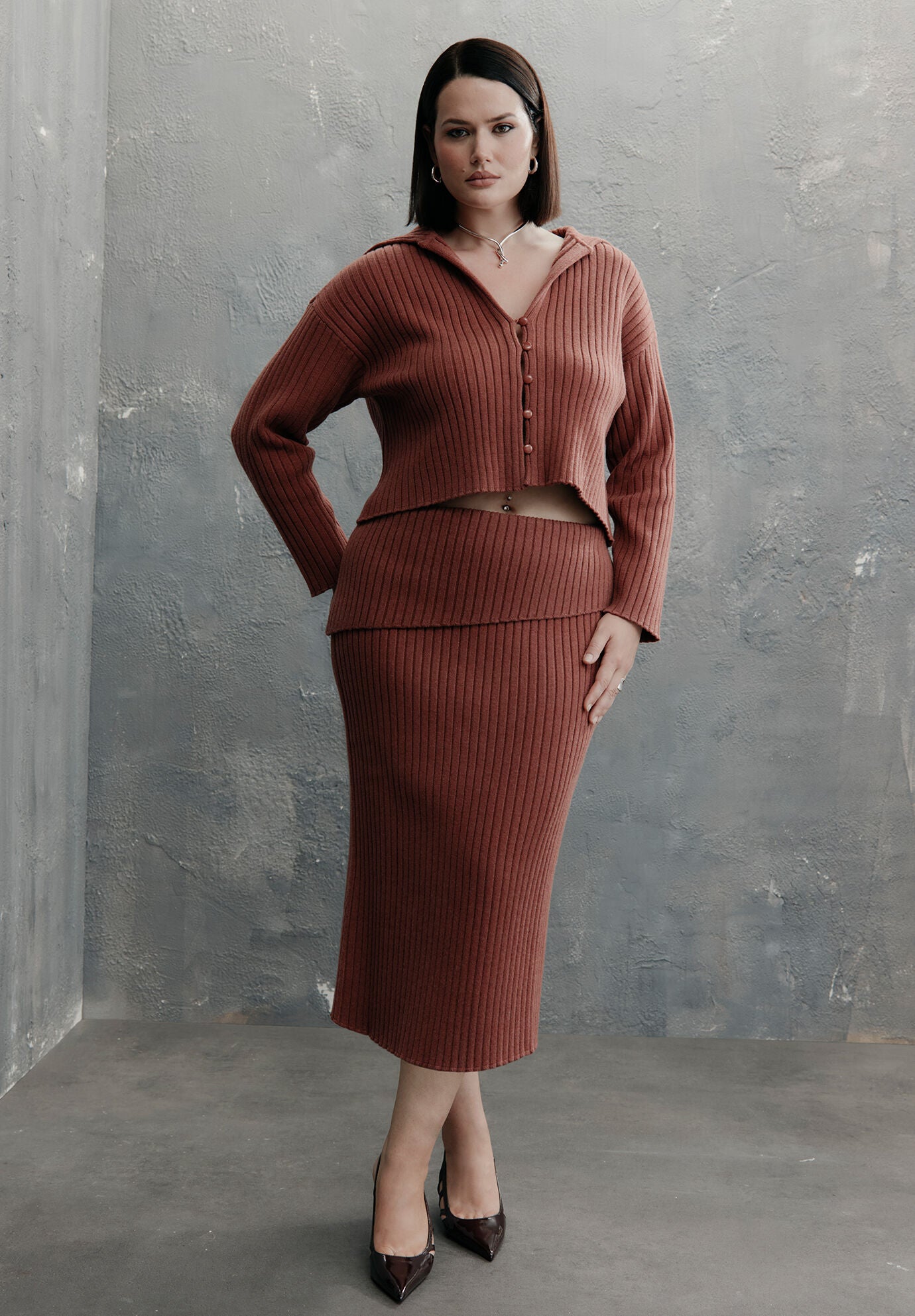 Foldover Rib Knit Midi Skirt