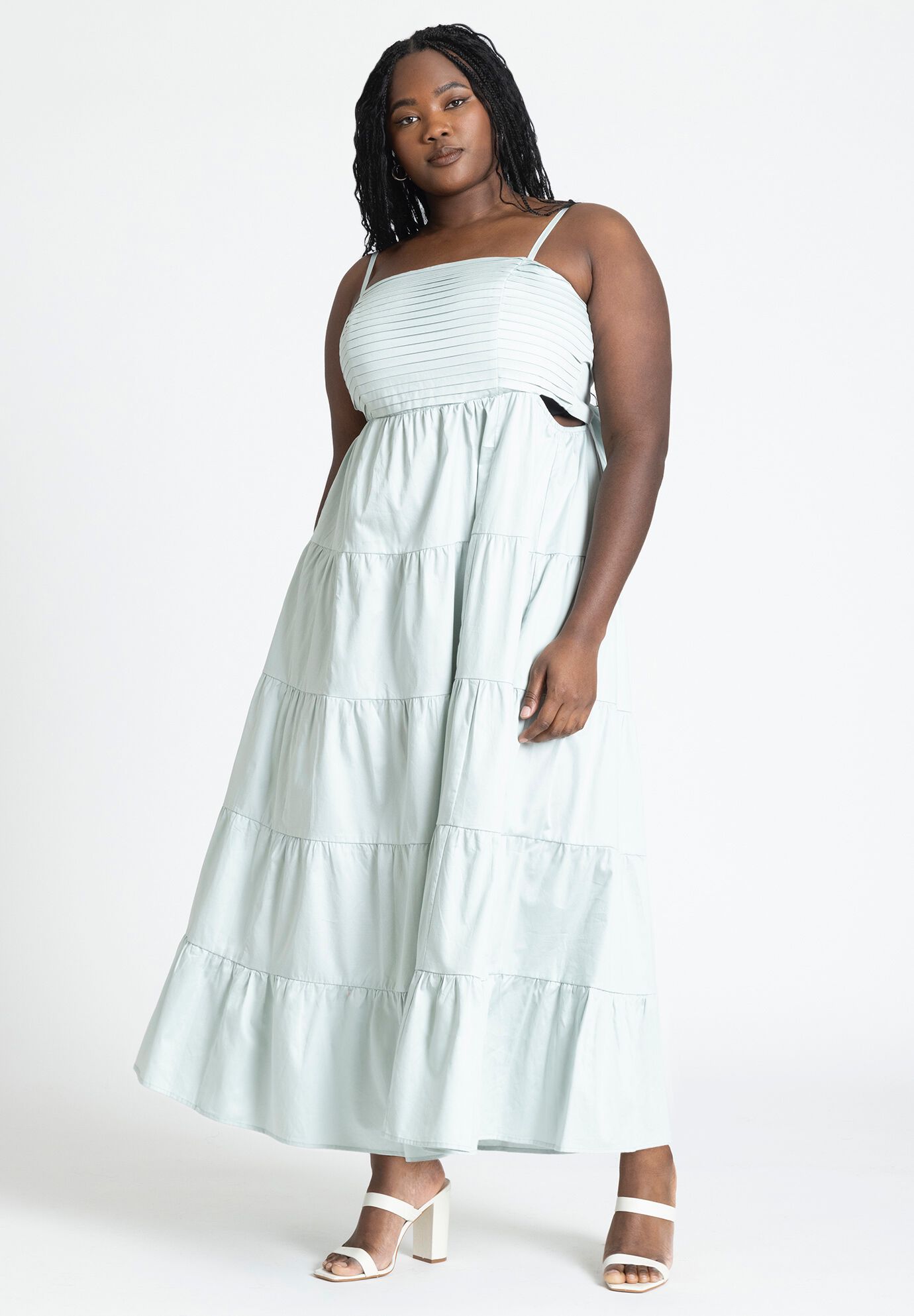 Maxi Dress with Tiered Design and Adjustable Straps Pastel Sage Eloquii