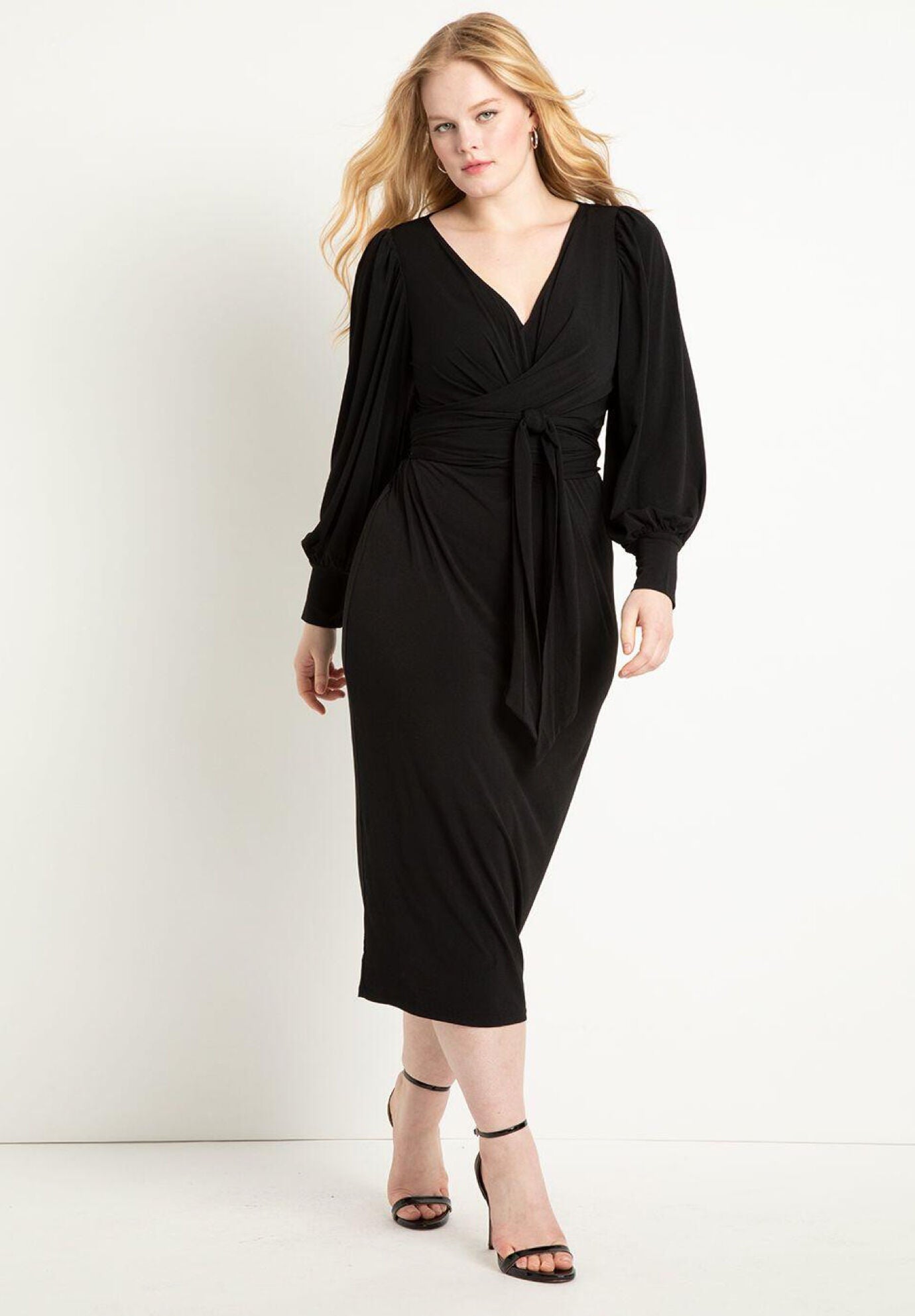 Plus Size Self Tie Below the Knee Sheath Long Sleeves Sheath Dress