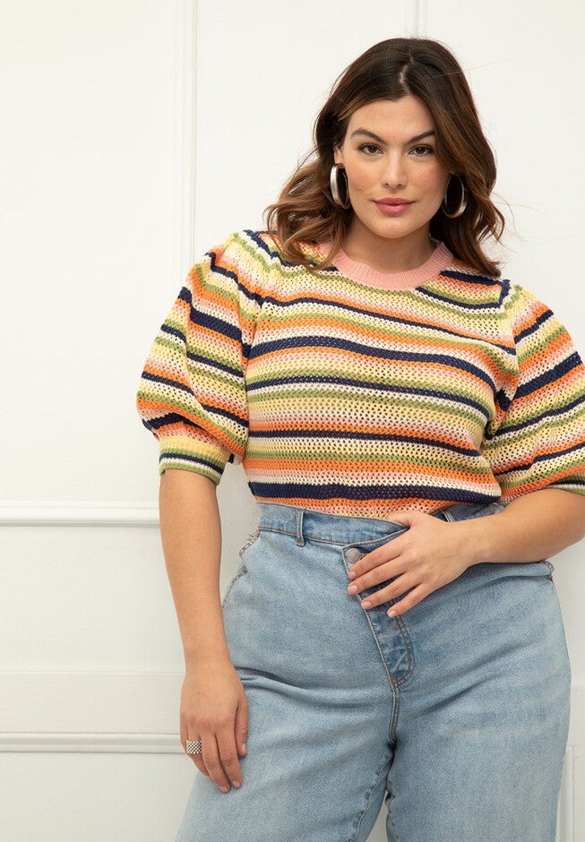 ELOQUII Elements Puff Sleeve Stripe Sweater, , on-hover image number null