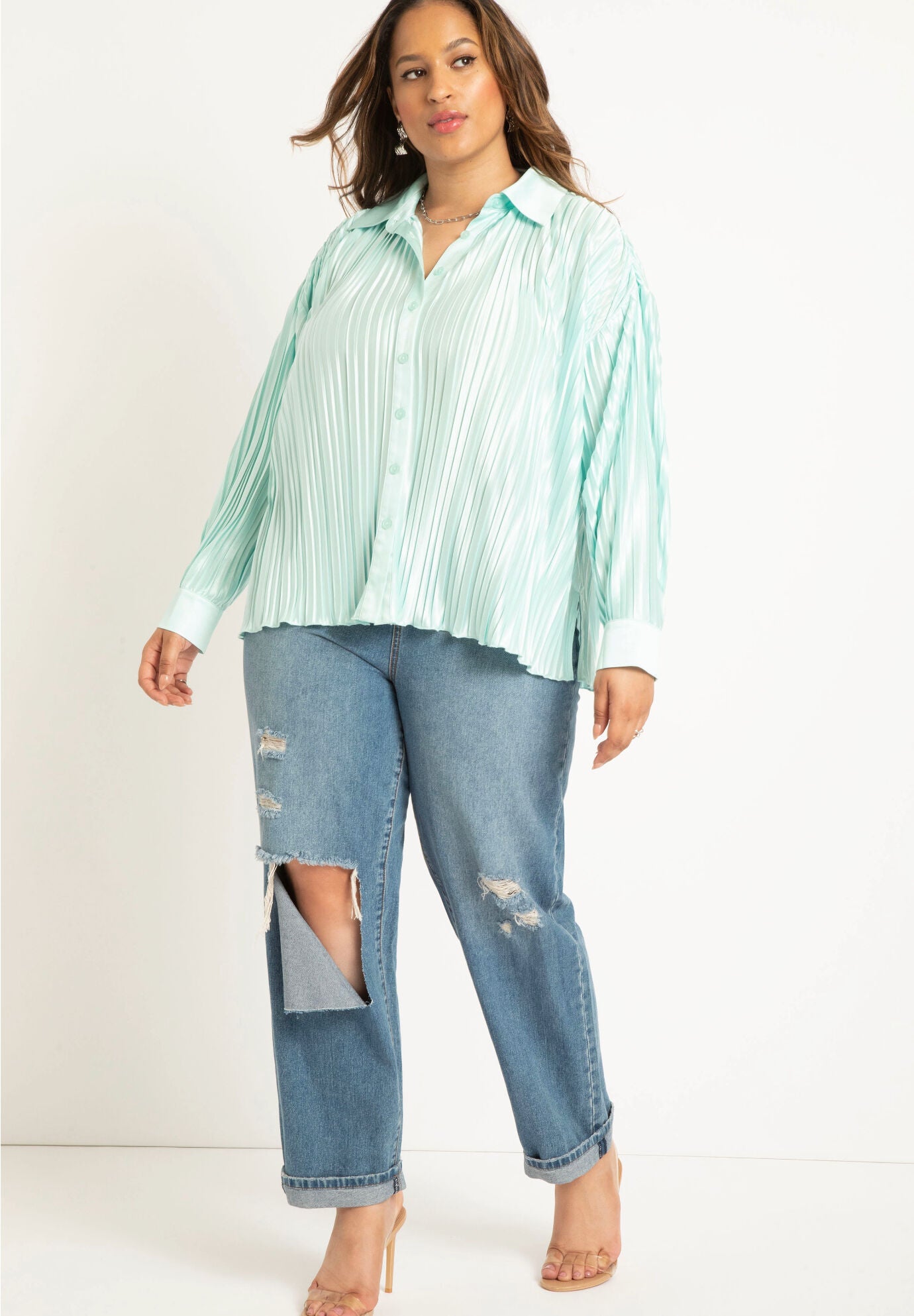 Plisse Knit Button Down Shirt - New Markdowns, Clearwater | Eloquii
