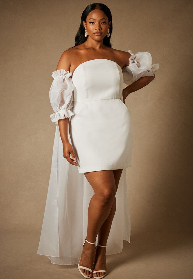Bridal by ELOQUII Mini Dress With Puff Sleeve Cape, TRUE WHITE, hi-res image number null