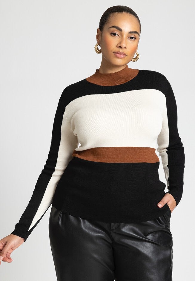 Color Blocked Mock Neck Sweater, BROWN STRIPE, hi-res image number null