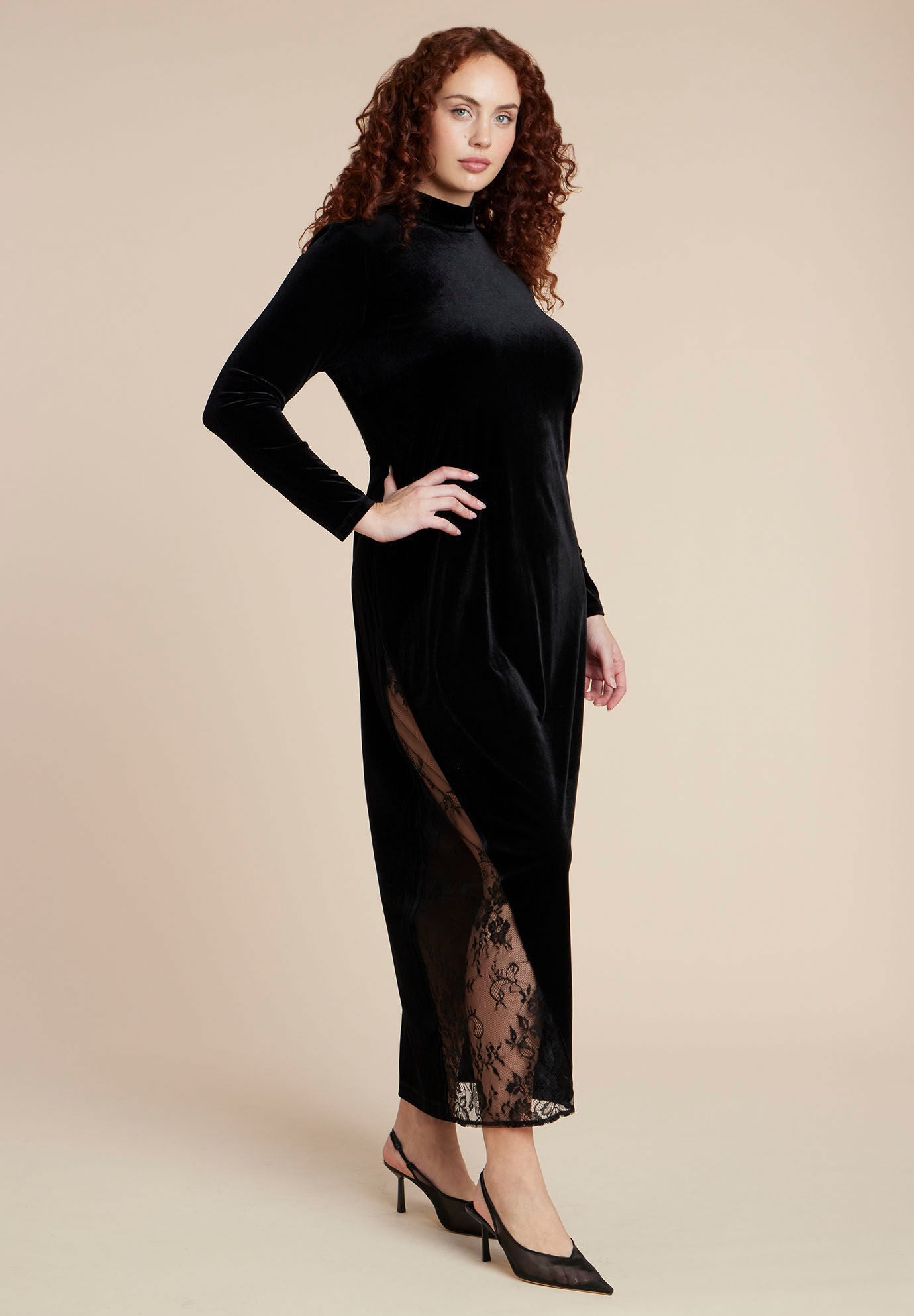 Velvet And Lace Maxi Dress, BLACK ONYX, alternate image number 2