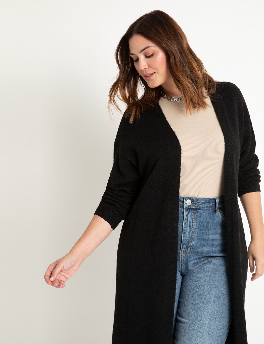 Long Cardigan Duster with Side Vents Totally Black Eloquii