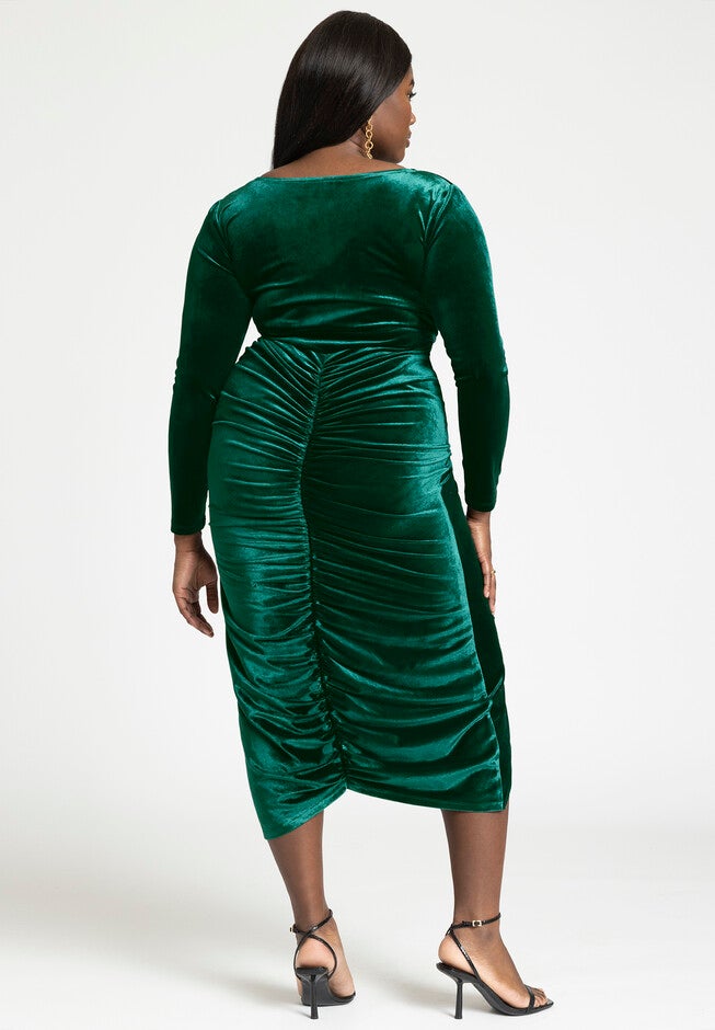 V Neck Pleated Front Dress, EMERALD, on-hover image number null