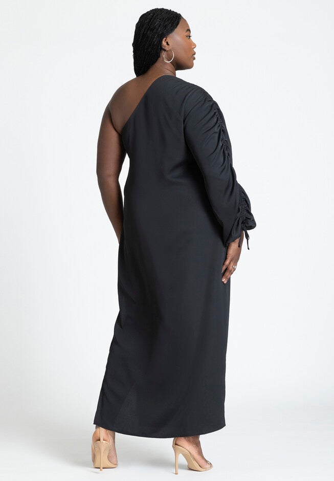 Gathered Sleeve Column Dress, BLACK ONYX, on-hover image number null