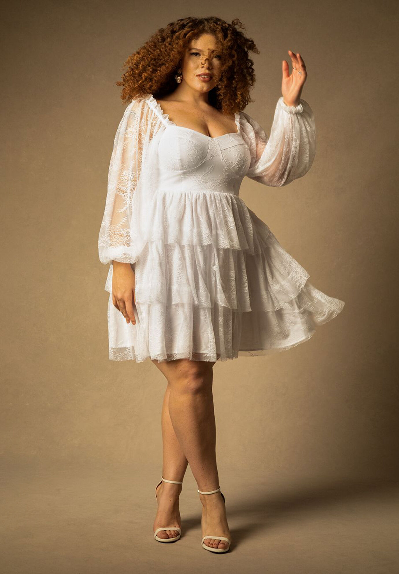 Plus Size Shirred Tiered Back Zipper Corset Waistline Above the Knee Short Lace Puff Sleeves Sleeves Wedding Dress