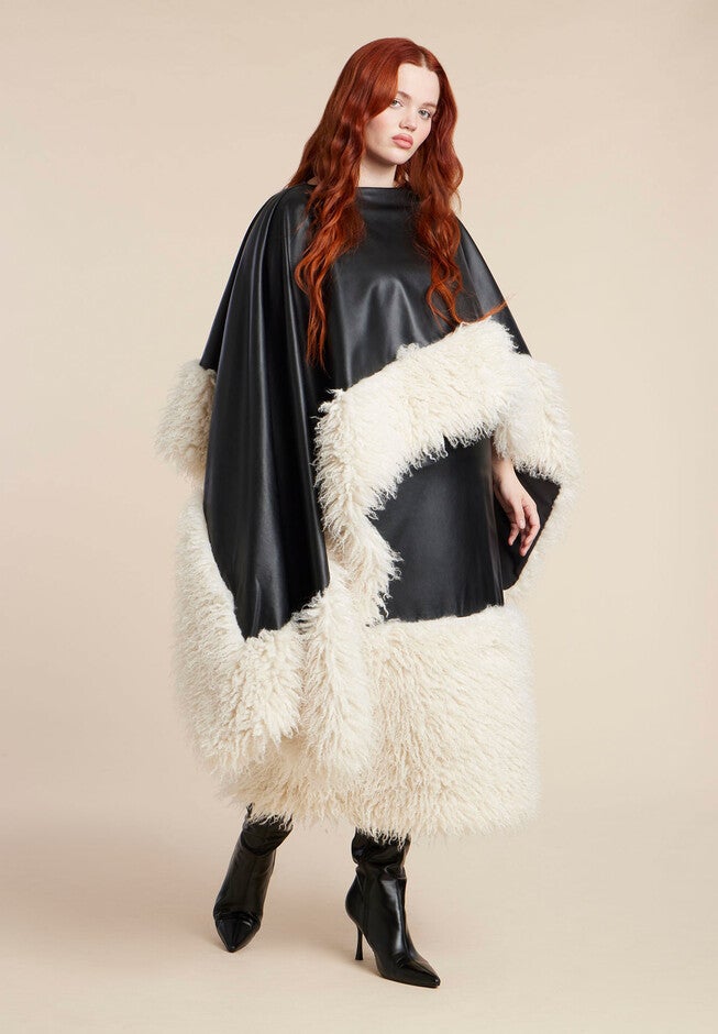 Faux Leather Cape With Faux Fur Trim, BLACK AND CREAM, hi-res image number 0