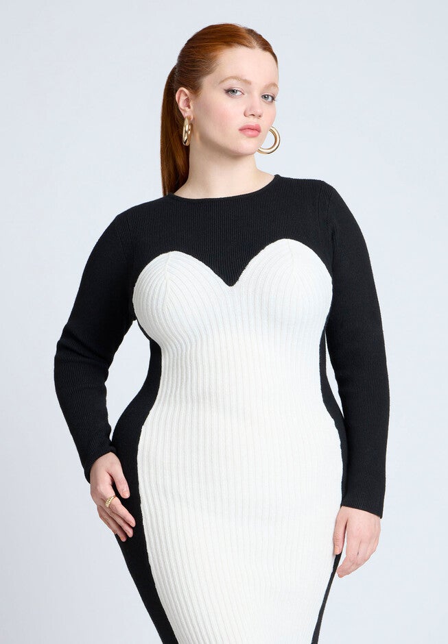 Midi Sweater Dress With Colorblocked, BLACK AND WHITE, alternate image number null