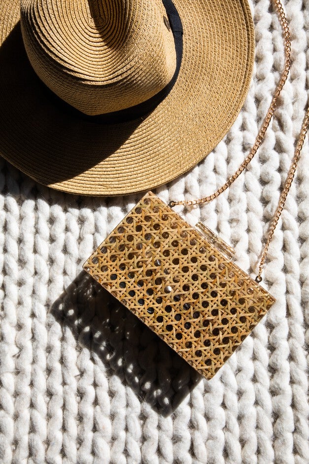 Cane Rattan Acrylic Clutch, BROWN, alternate image number null