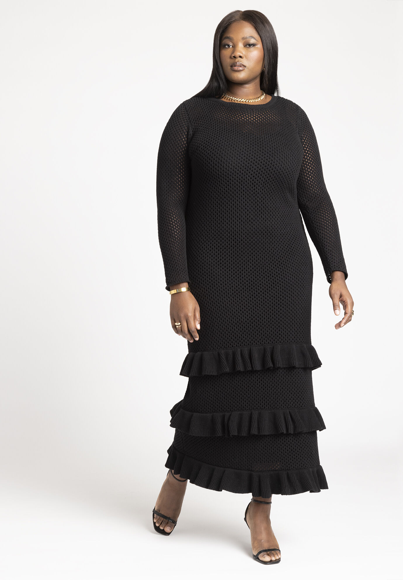 Women Crochet Open Stitch Maxi Dress With Ruffles By ( Size 18/20 )