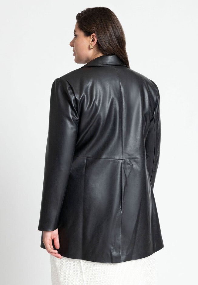 Sleek Faux Leather Blazer, BLACK, on-hover image number null