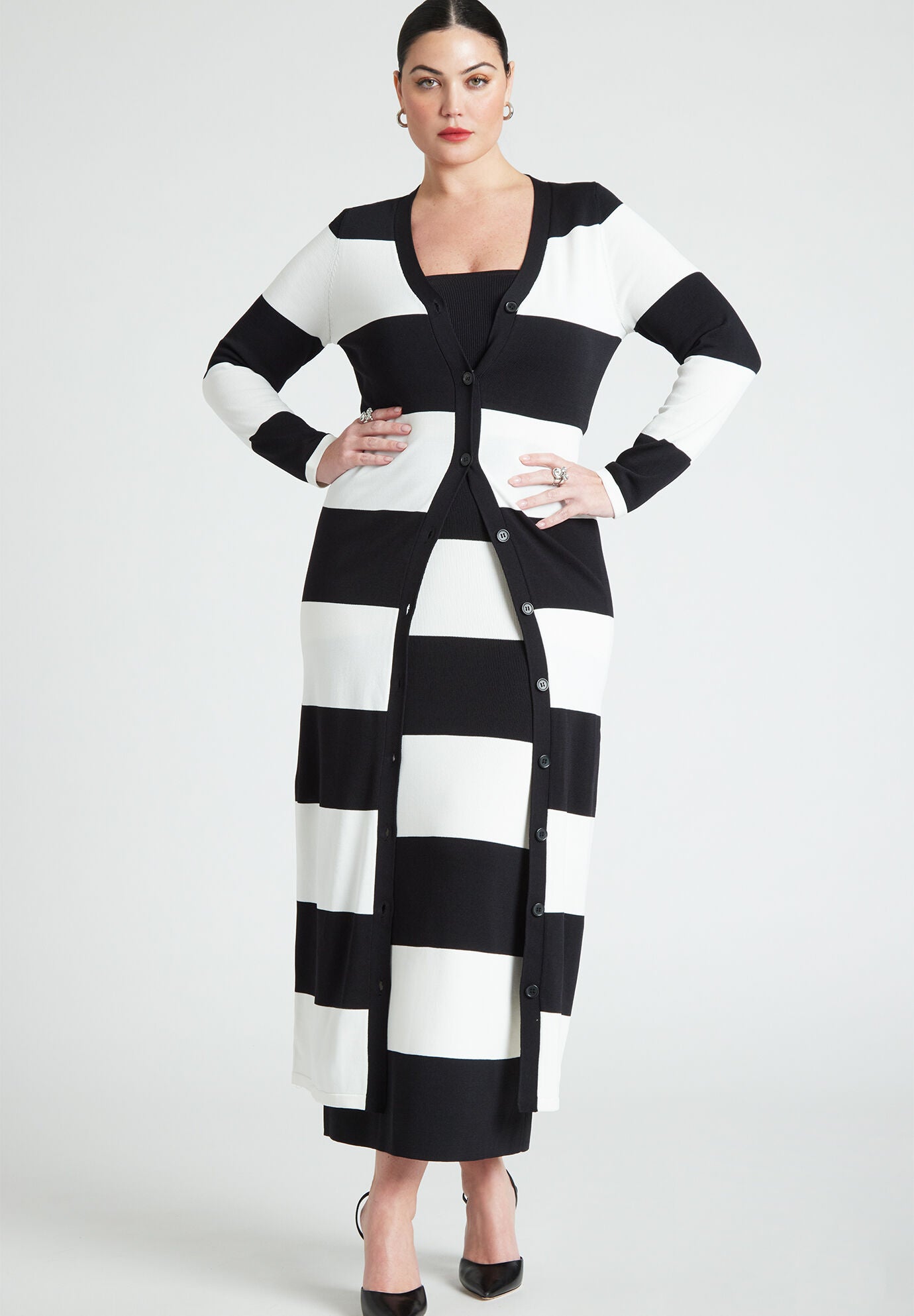 Black and white striped long cardigan deals