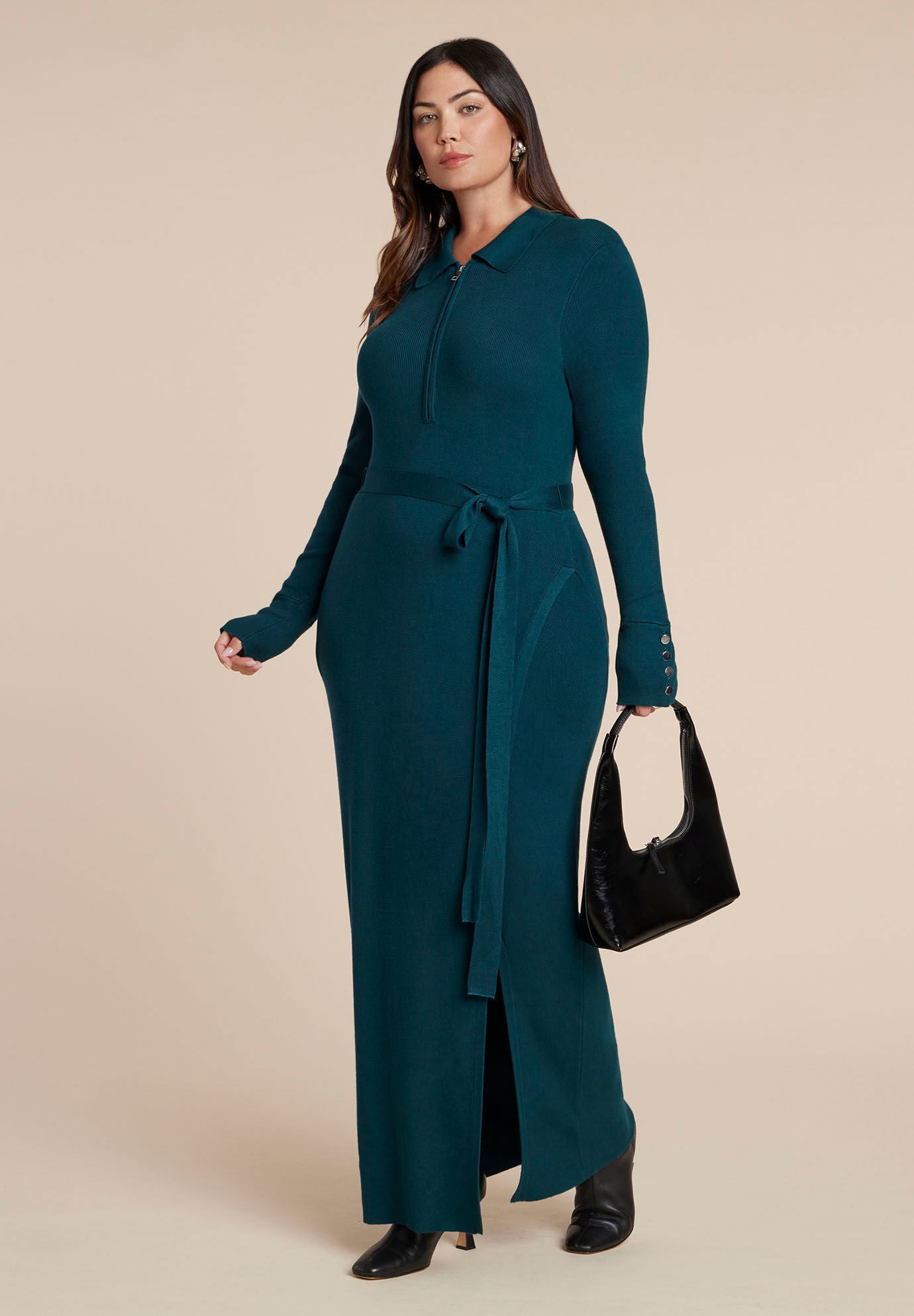 Zipper & Tie Sweater Dress, DARK SEA, on-hover image number 1