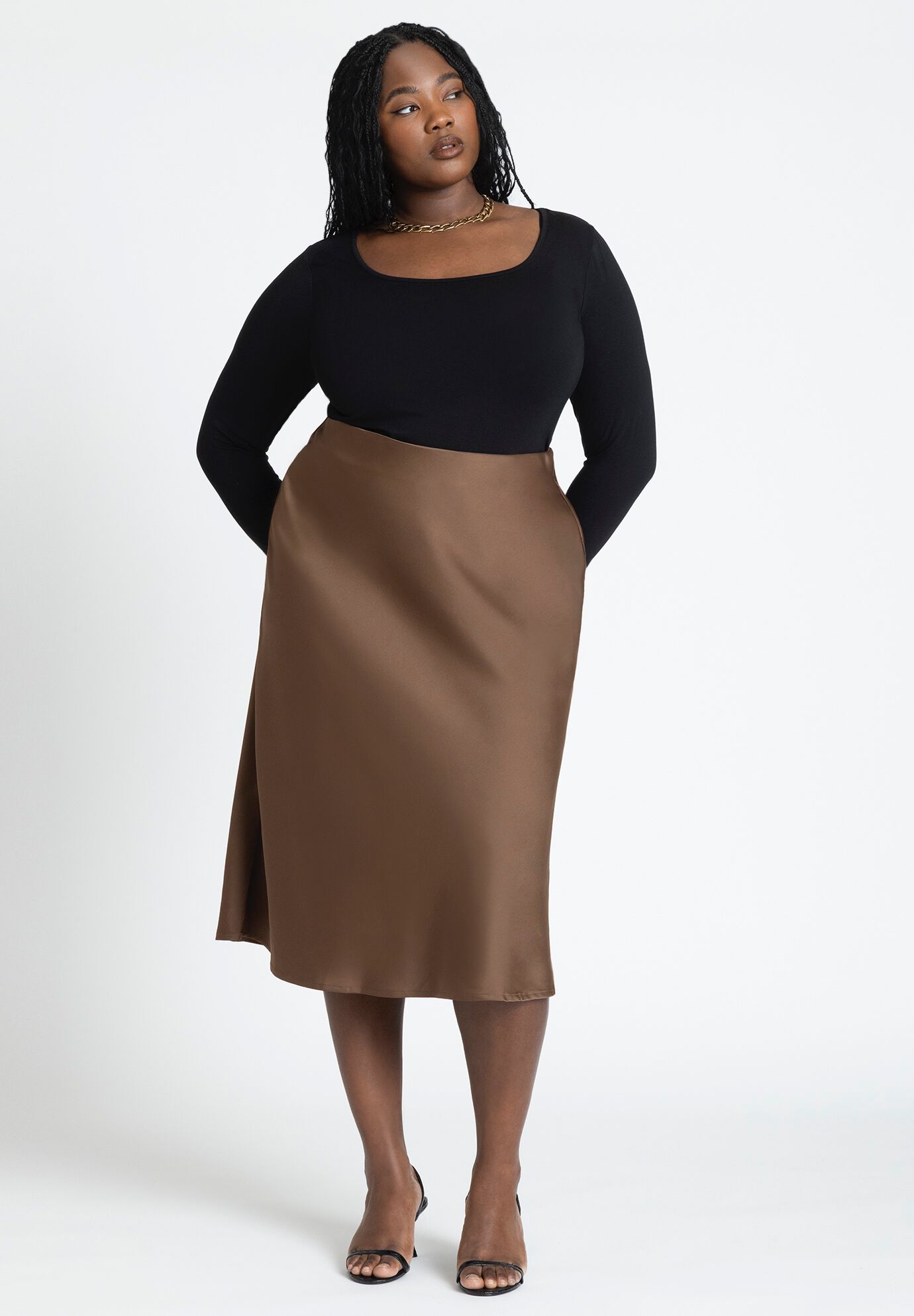 Satin Midi Skirt Easy Fit Elastic Waist Chicory Coffee Eloquii