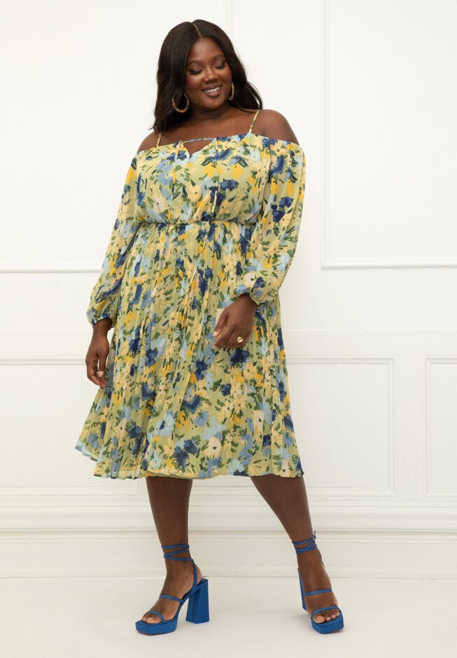 ELOQUII Elements Pleated Off The Shoulder Dress, , on-hover image number null