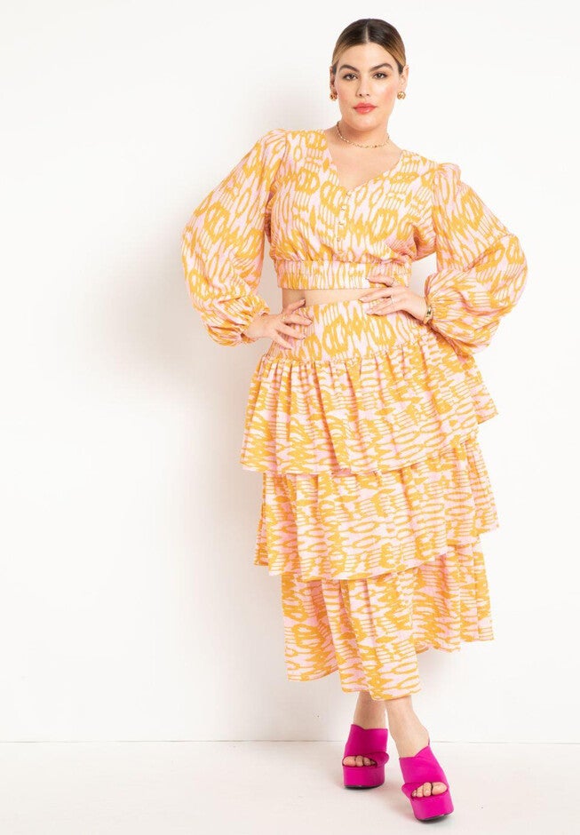 Organdy Tiered Skirt, TEXTURE IKAT GOLDEN, hi-res image number null