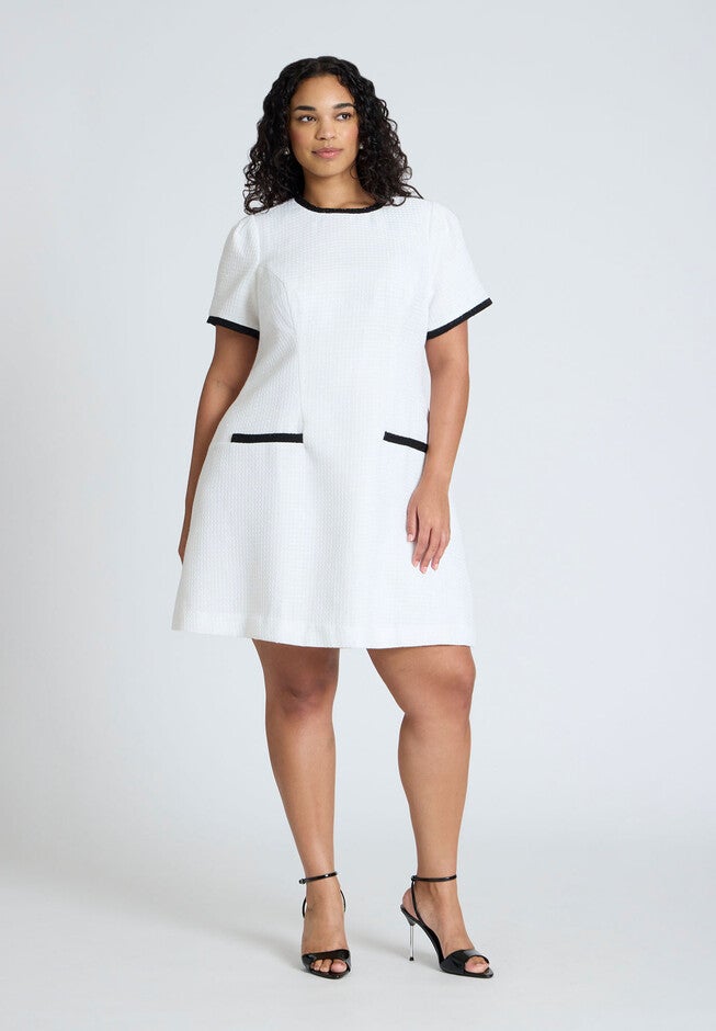 Contrast Piping Tweed Mini Dress, WHITE, hi-res image number null
