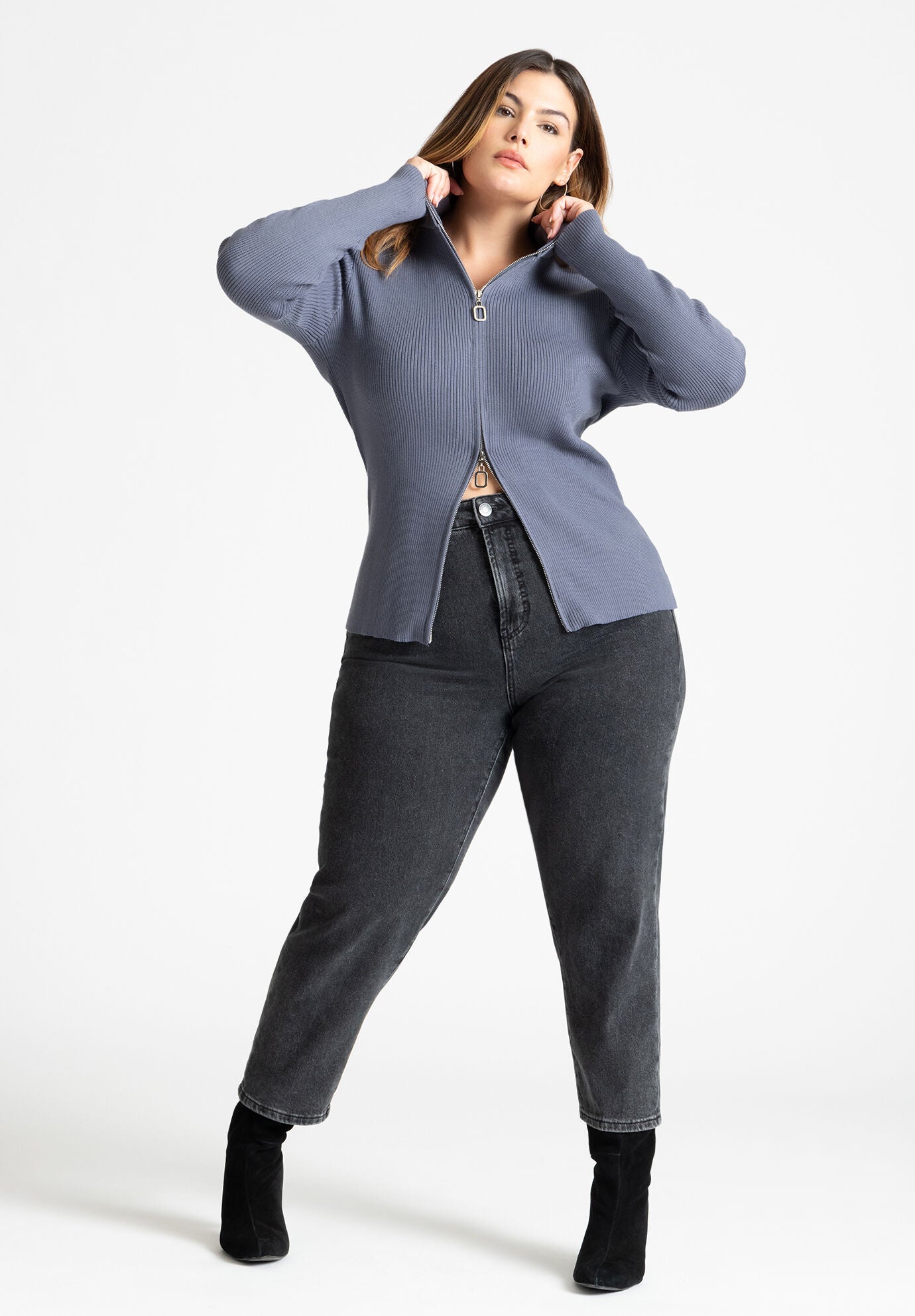 Grey Ribbed Zipper Pocket Sweater