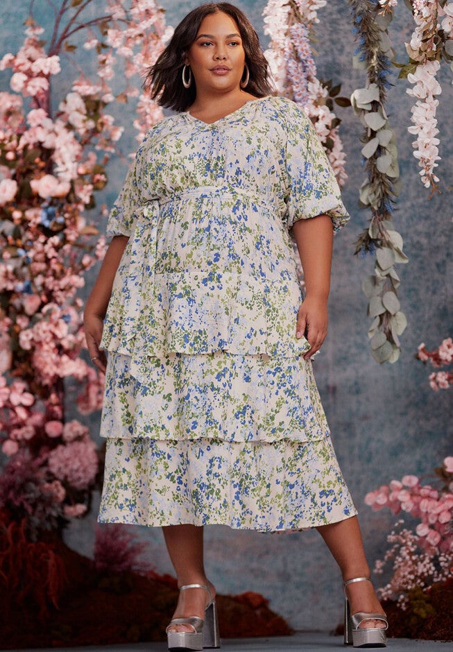 ELOQUII Elements Tiered Midi Dress With Tie, ANIMAL PAINT GREEN, hi-res image number null