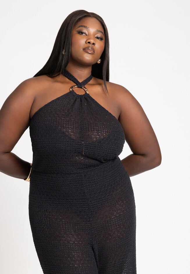 Halter Mesh Cover Up Jumpsuit, BLACK ONYX, alternate image number null