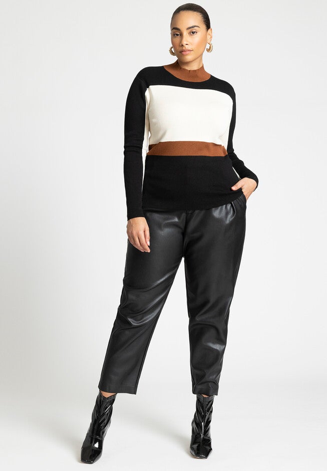 Color Blocked Mock Neck Sweater, BROWN STRIPE, alternate image number null