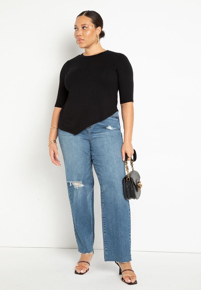 Asymmetrical Hem Elbow Sleeve Tee, , alternate image number null