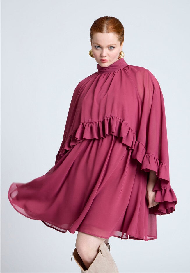 Cape Ruffle Mini Dress, BURGUNDY, alternate image number null