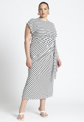 Plus Size Striped Print Crew Neck Maxi Dress