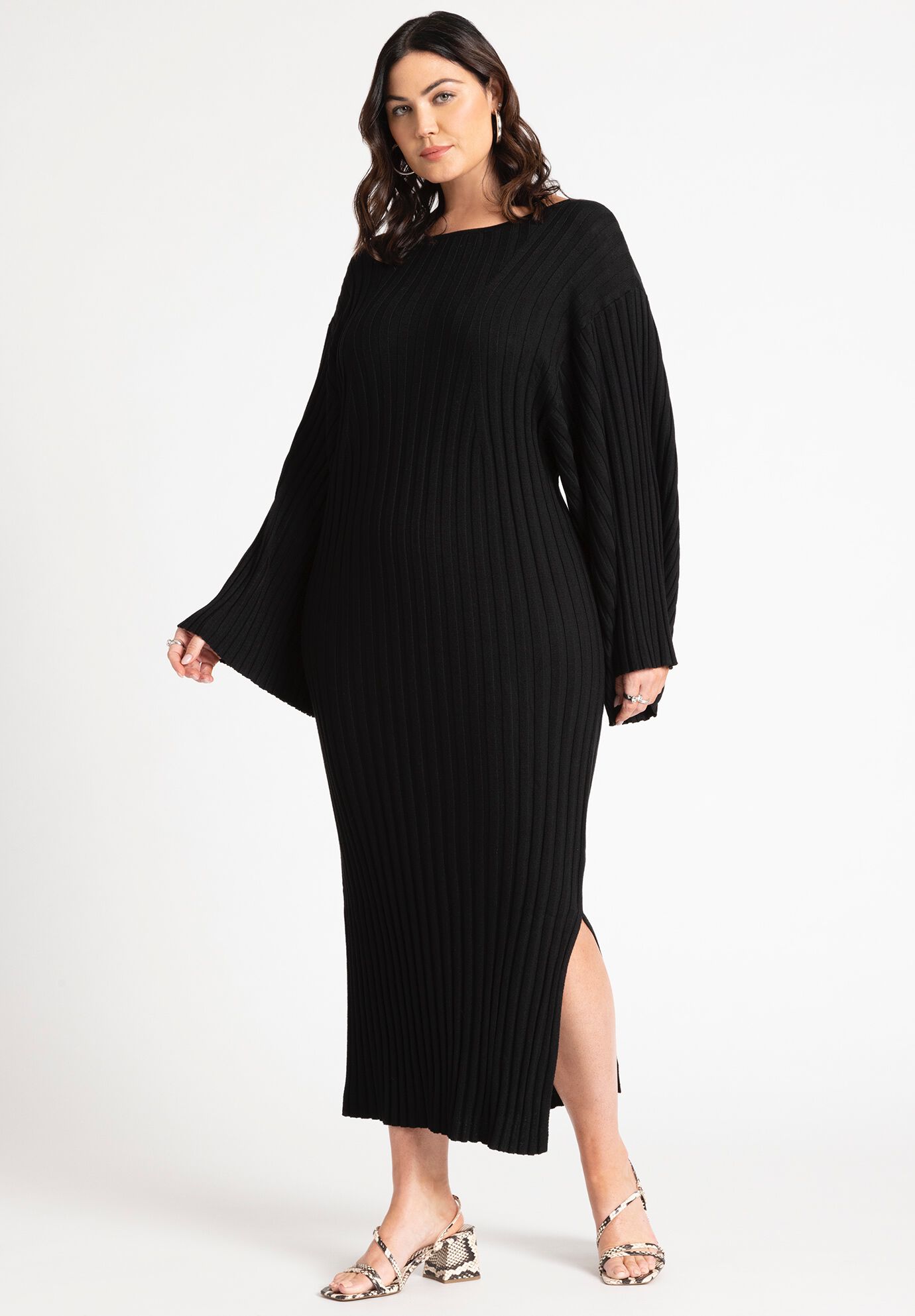 Wide Sleeve Maxi Sweater Dress for Easy Wear Black Onyx