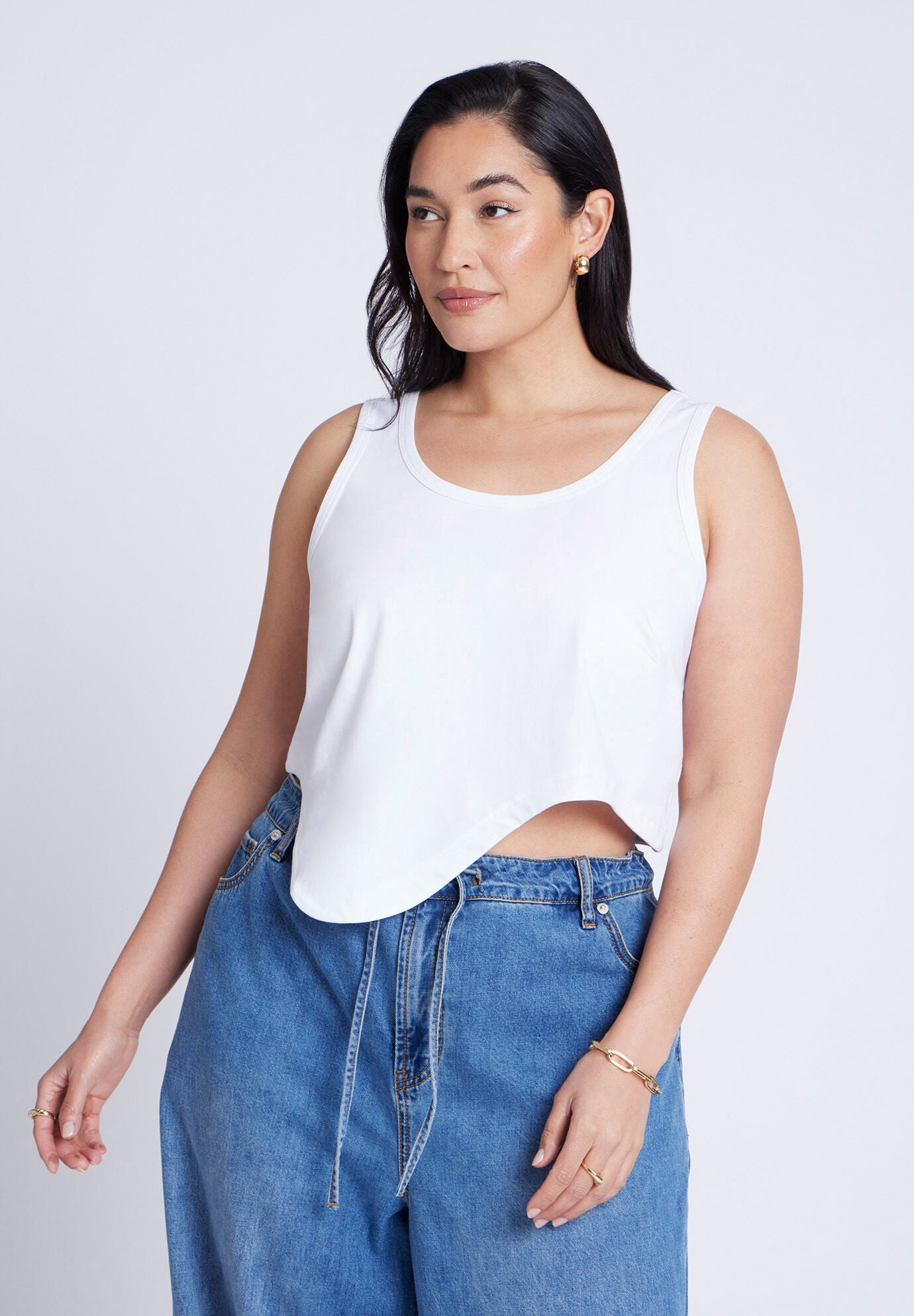 Boxy Linen-Blend Scoop Neck Crop Tank, Parisian Blue | ELOQUII