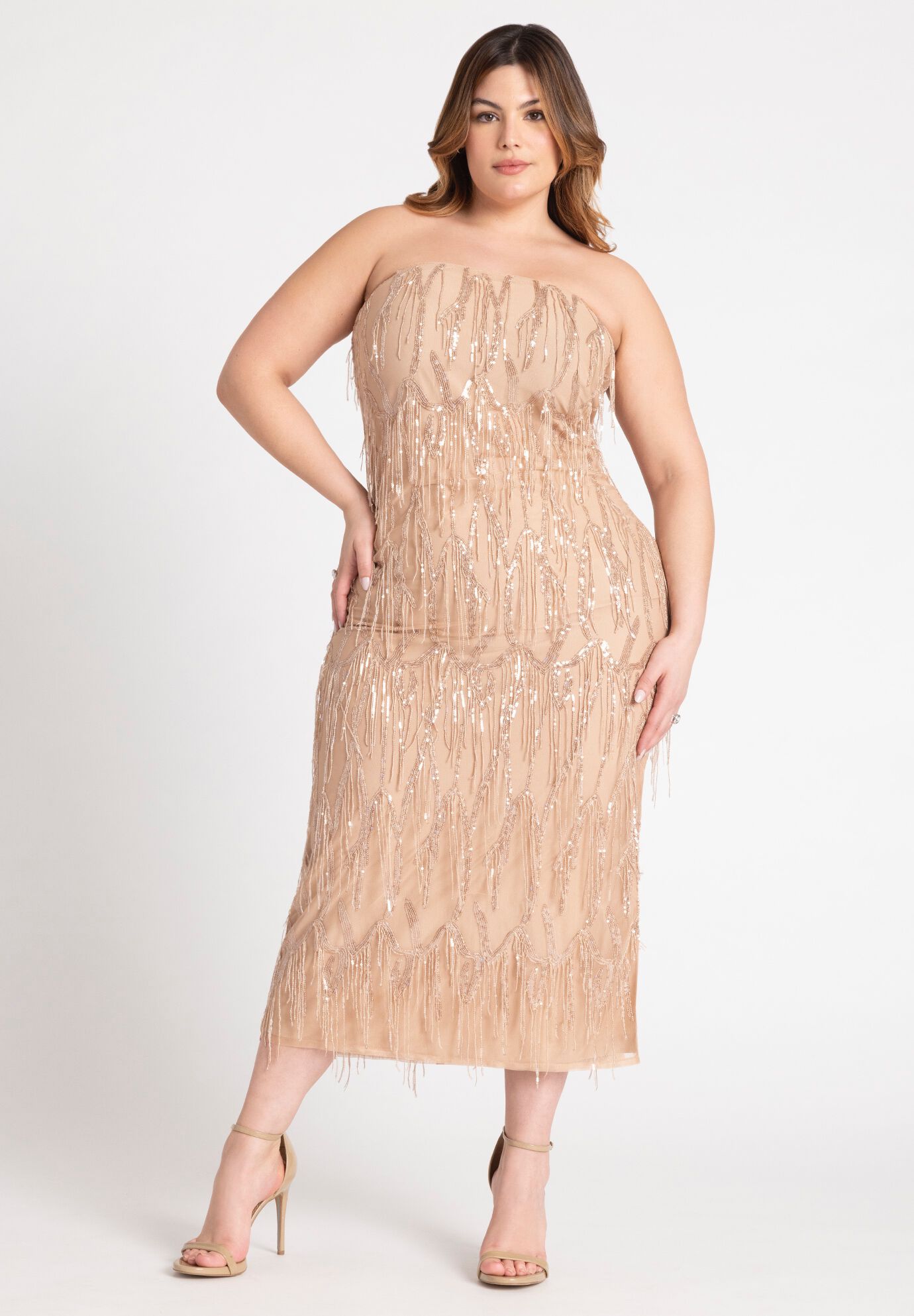 Plus Size Strapless Sequined Back Zipper Round Neck Maxi Dress
