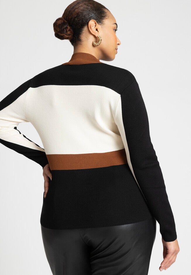 Color Blocked Mock Neck Sweater, BROWN STRIPE, alternate image number null