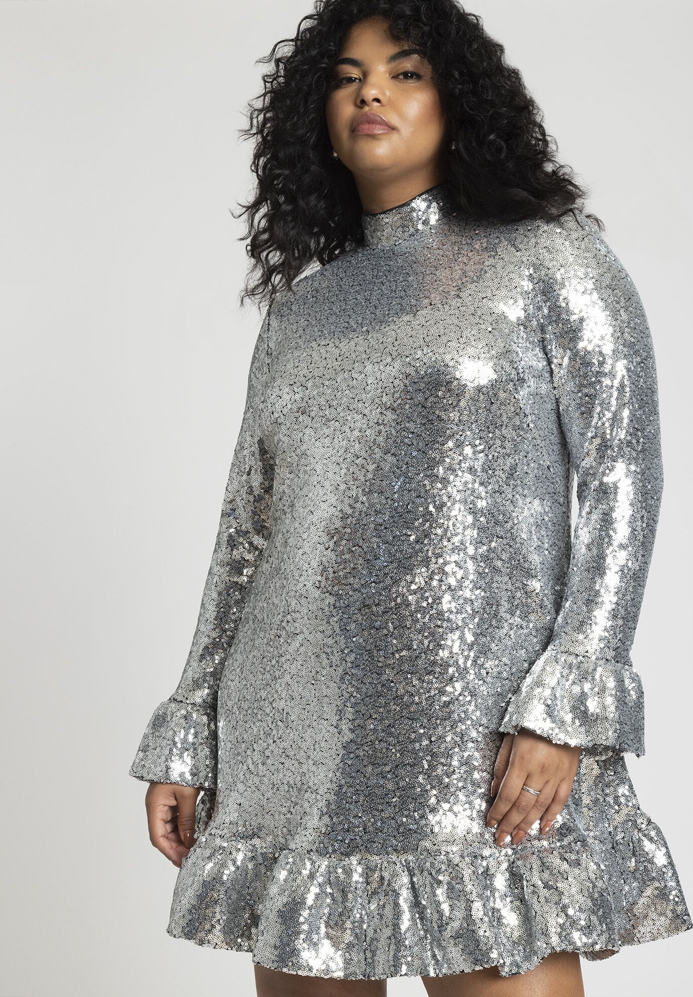 Quinn Long Sleeve Sequined Ruffle Hem Mini Dress