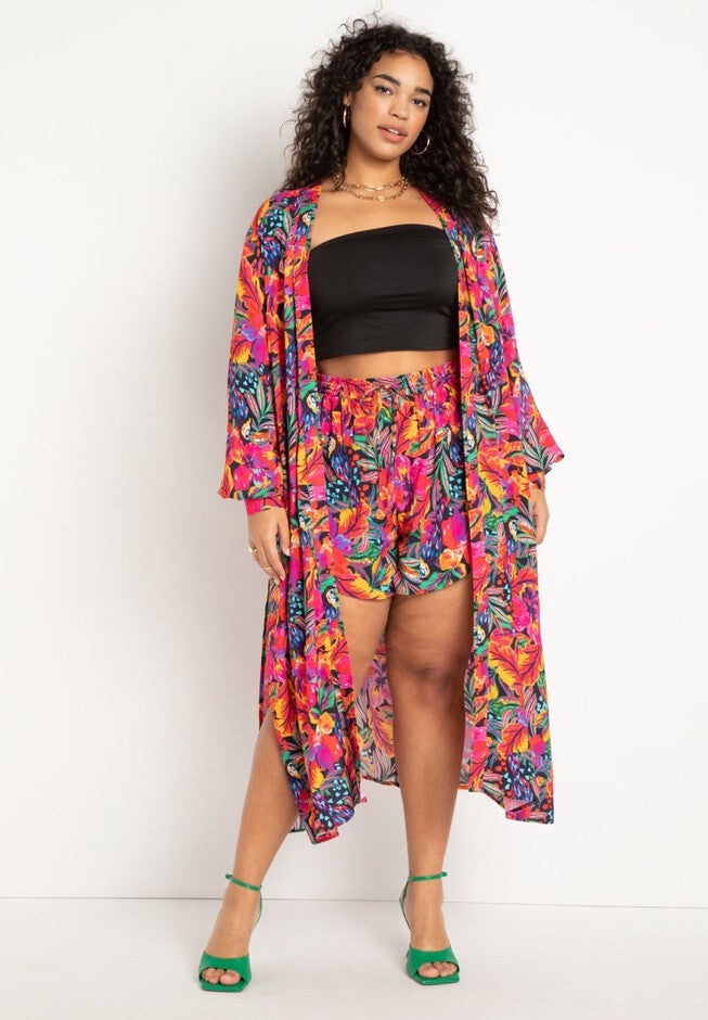 Printed Puff Sleeve Coverup Duster, RIO GARDEN, hi-res image number null