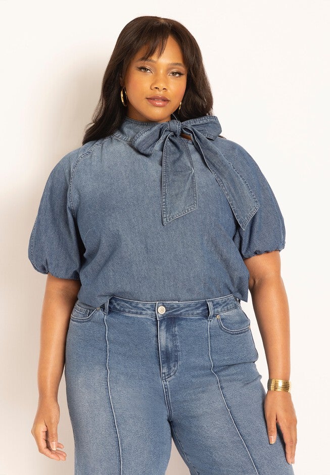 Puff Sleeve Chambray Tie Neck Top, MEDIUM WASH, hi-res image number null