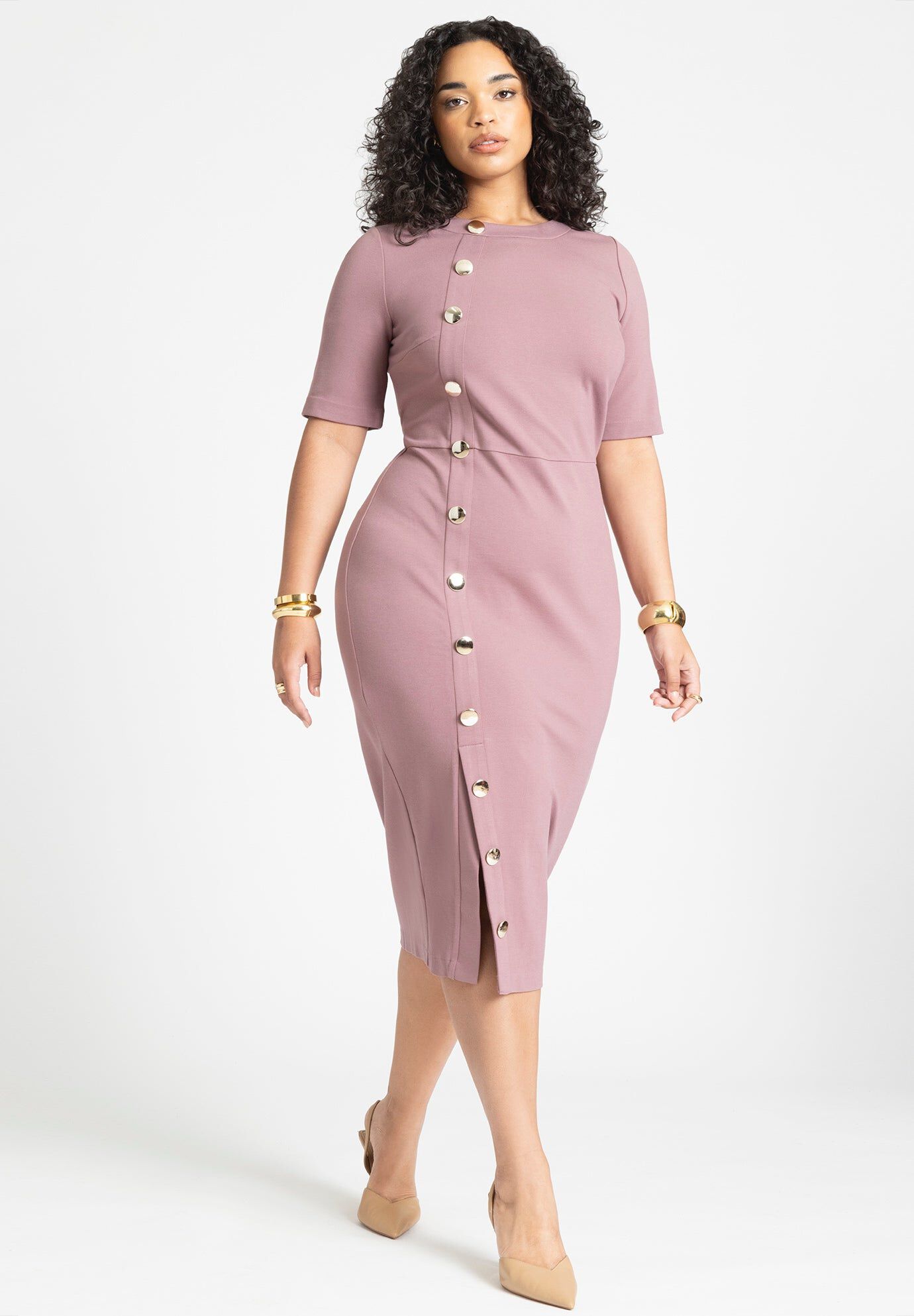 Flare Sleeve Scuba Dress - Midi Crewneck Style, White | ELOQUII Flare Sleeve Scuba Dress - Midi Crewneck Style, White | ELOQUII