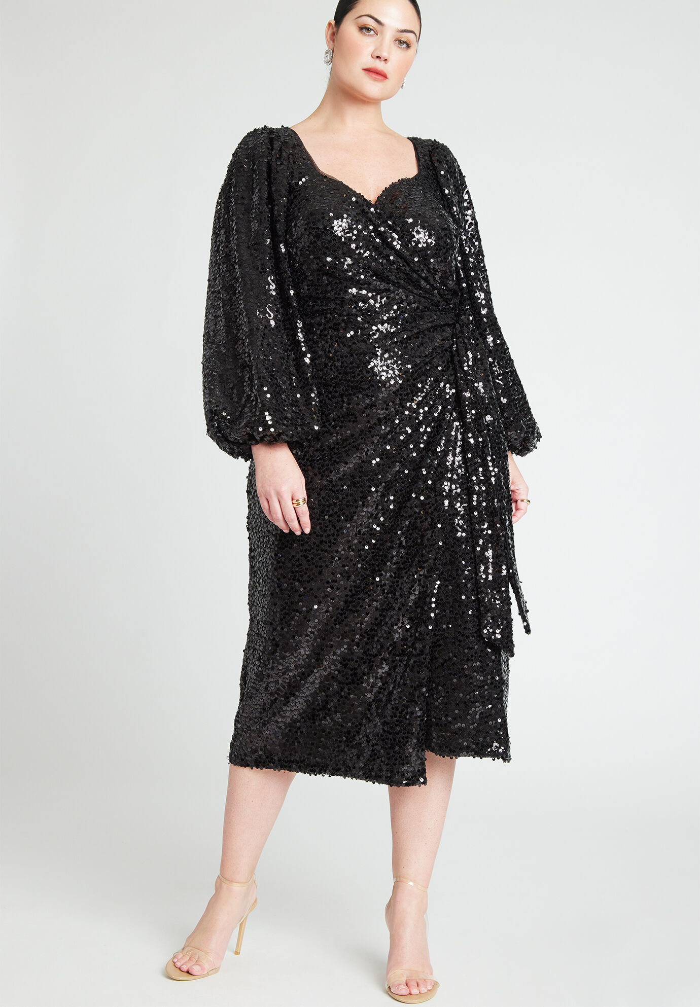 Plus Size Puff Sleeves Sleeves Sequined Wrap Sweetheart Polyester Dress