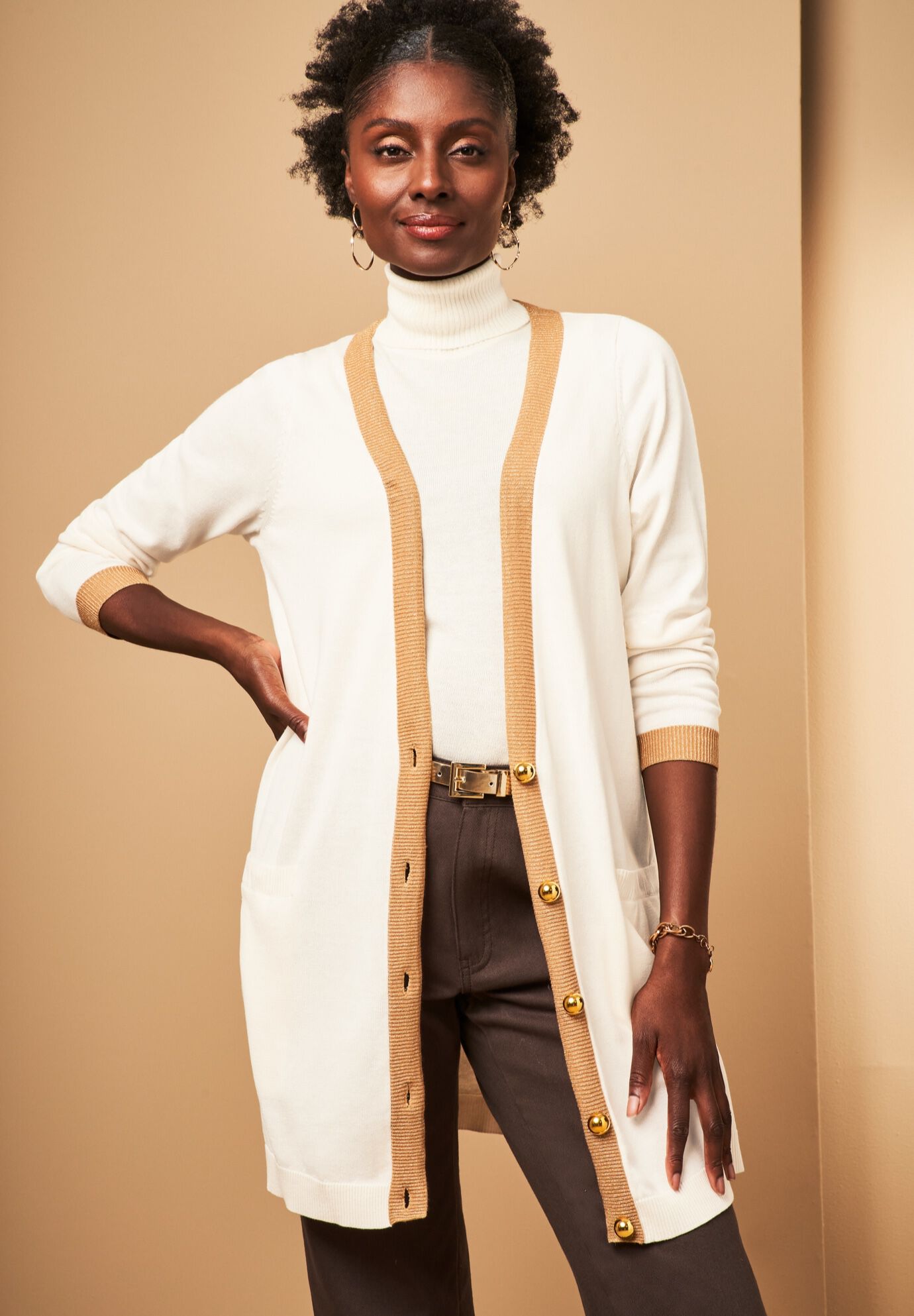 Tipped Button Front Cardigan, , alternate image number 3