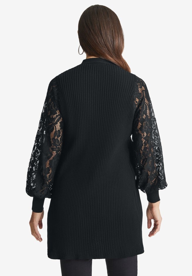Rib Lace Sleeve Cardigan, , on-hover image number 1