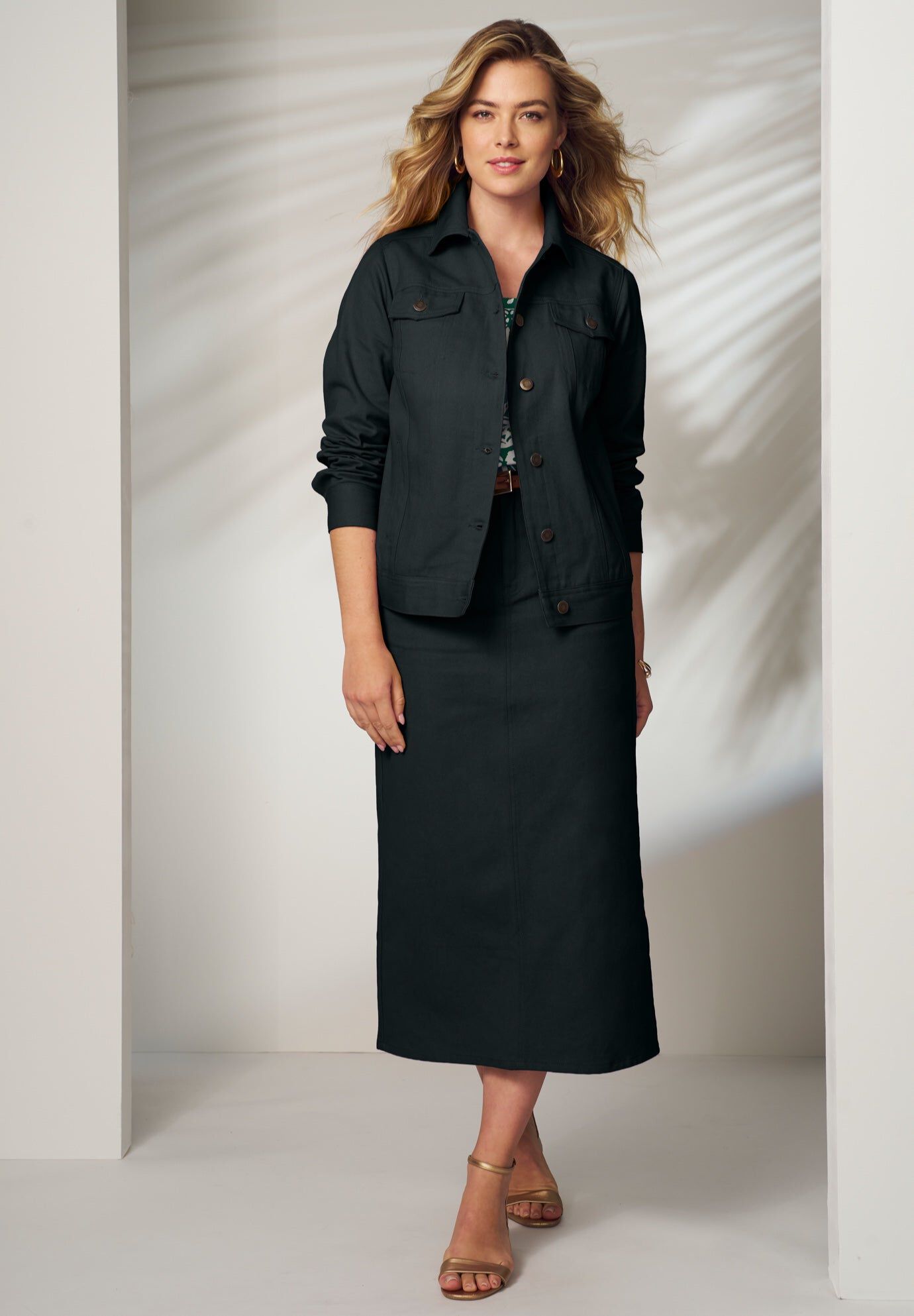 Classic Cotton Denim Midi Skirt, BLACK, hi-res image number 0